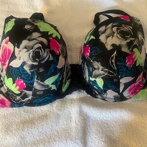 Torrid Bra 42C- Floral Black Push-Up Bra with Neon Accents